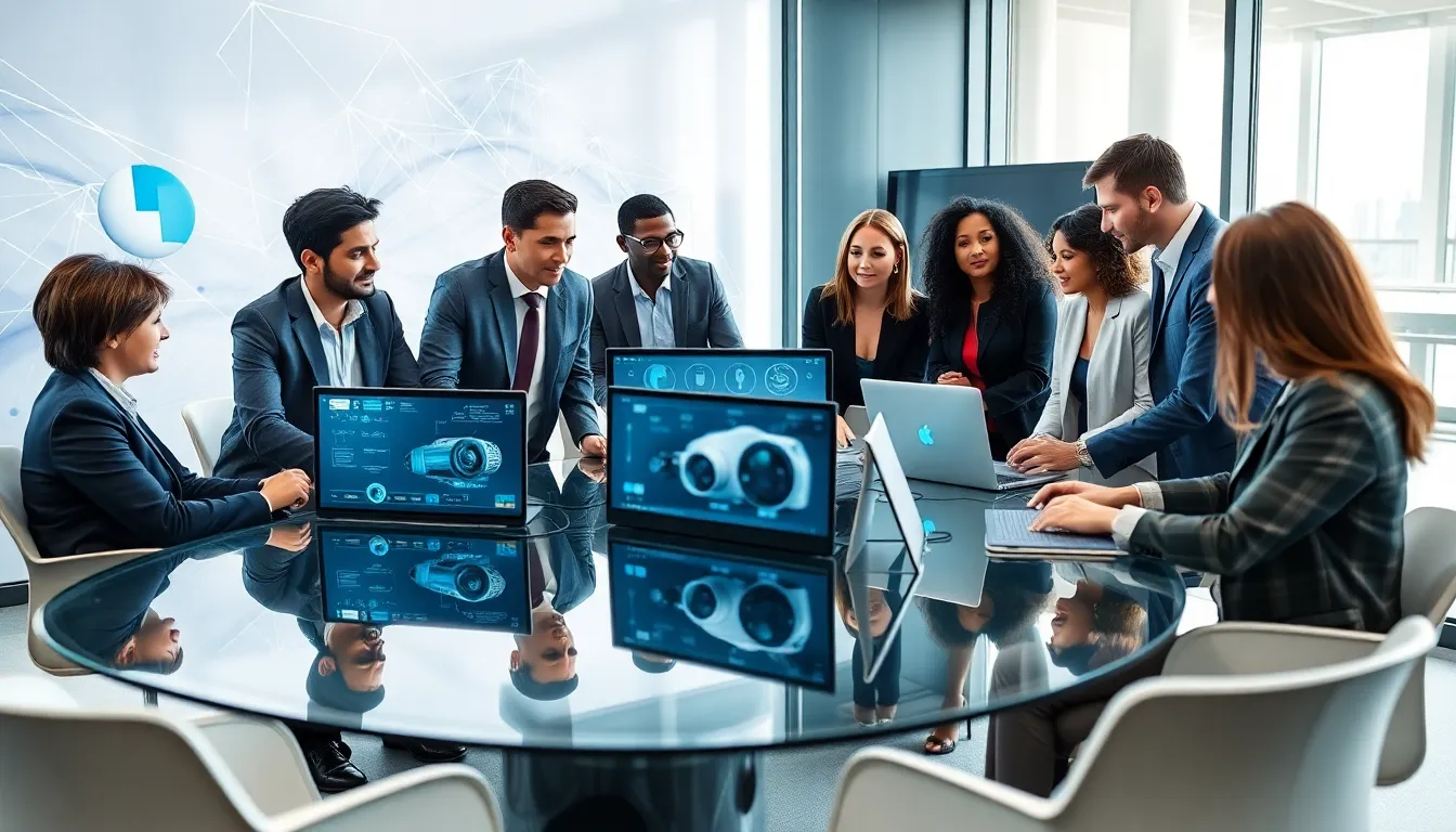 diverse team discussing audio visual technology in a modern office.