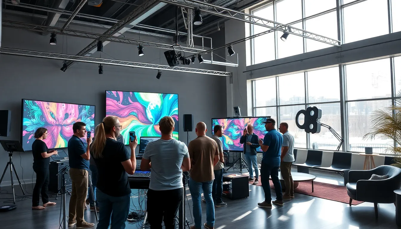 diverse artists in a modern studio with audio/video technology.